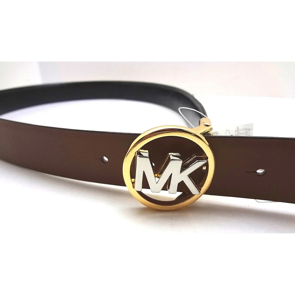 NWT - Michael Kors Reversible Belt Black Brown‎ Gold MK Logo Buckle Large